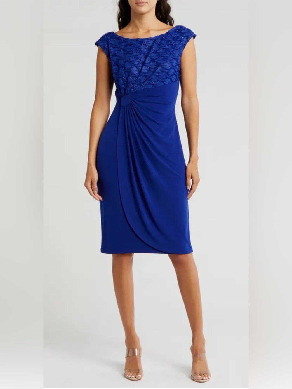 Connected Apparel Blue Lace Sheath Dress Womens 8 Ruched Knee Length Formal